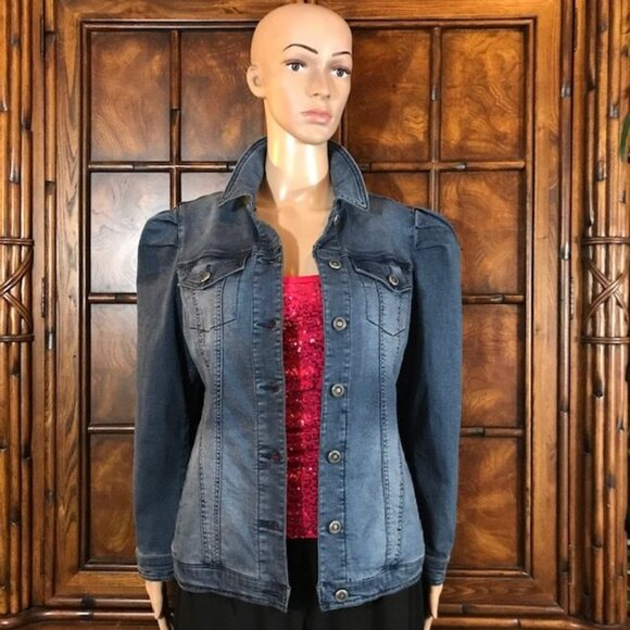 DG2 Pleated Puff Sleeve Cotton Blend Stretch Denim Jacket - Picture 1 of 13